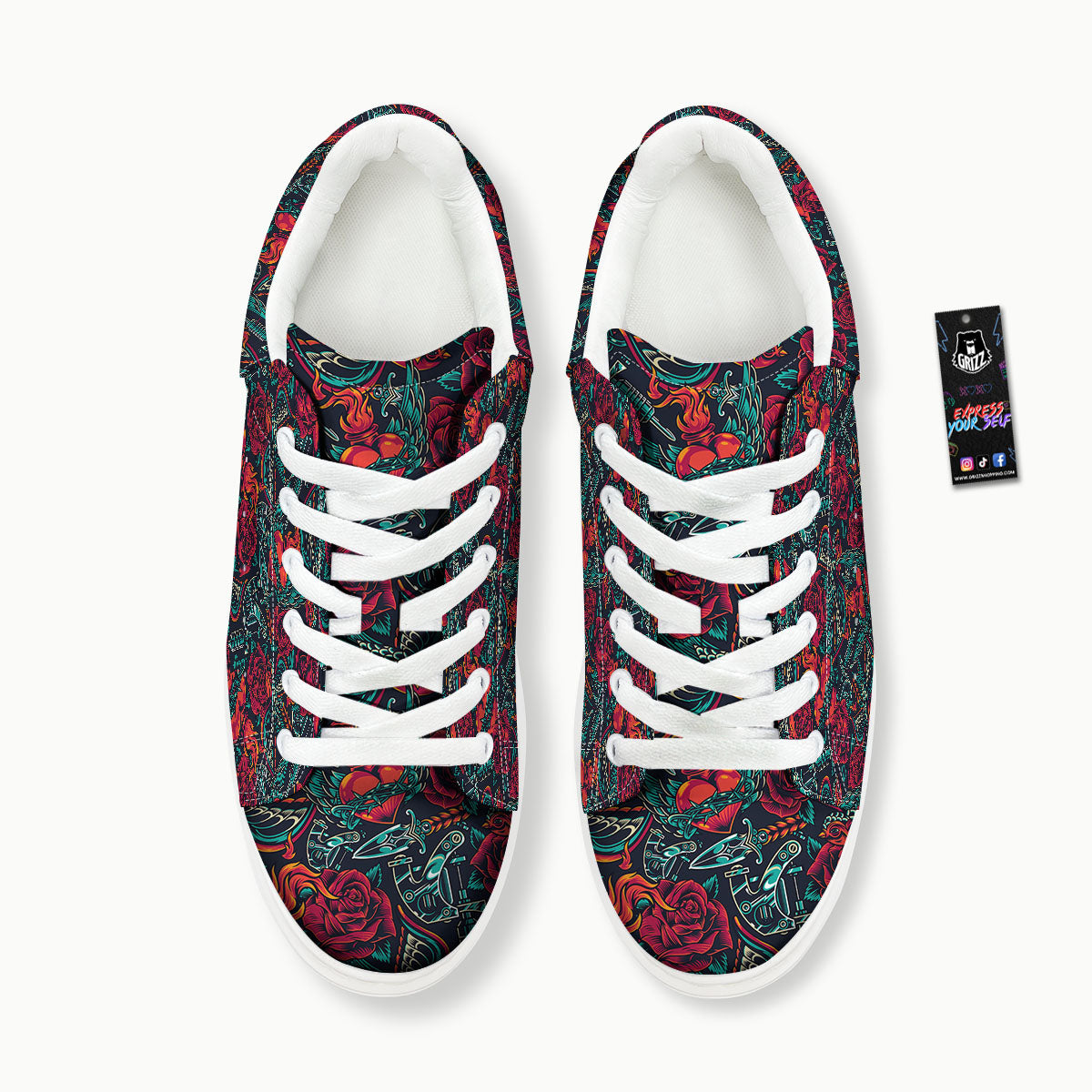 Heart And Rose Print Pattern Platform Shoes-grizzshop