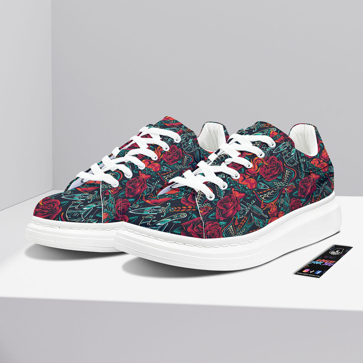 Heart And Rose Print Pattern Platform Shoes-grizzshop