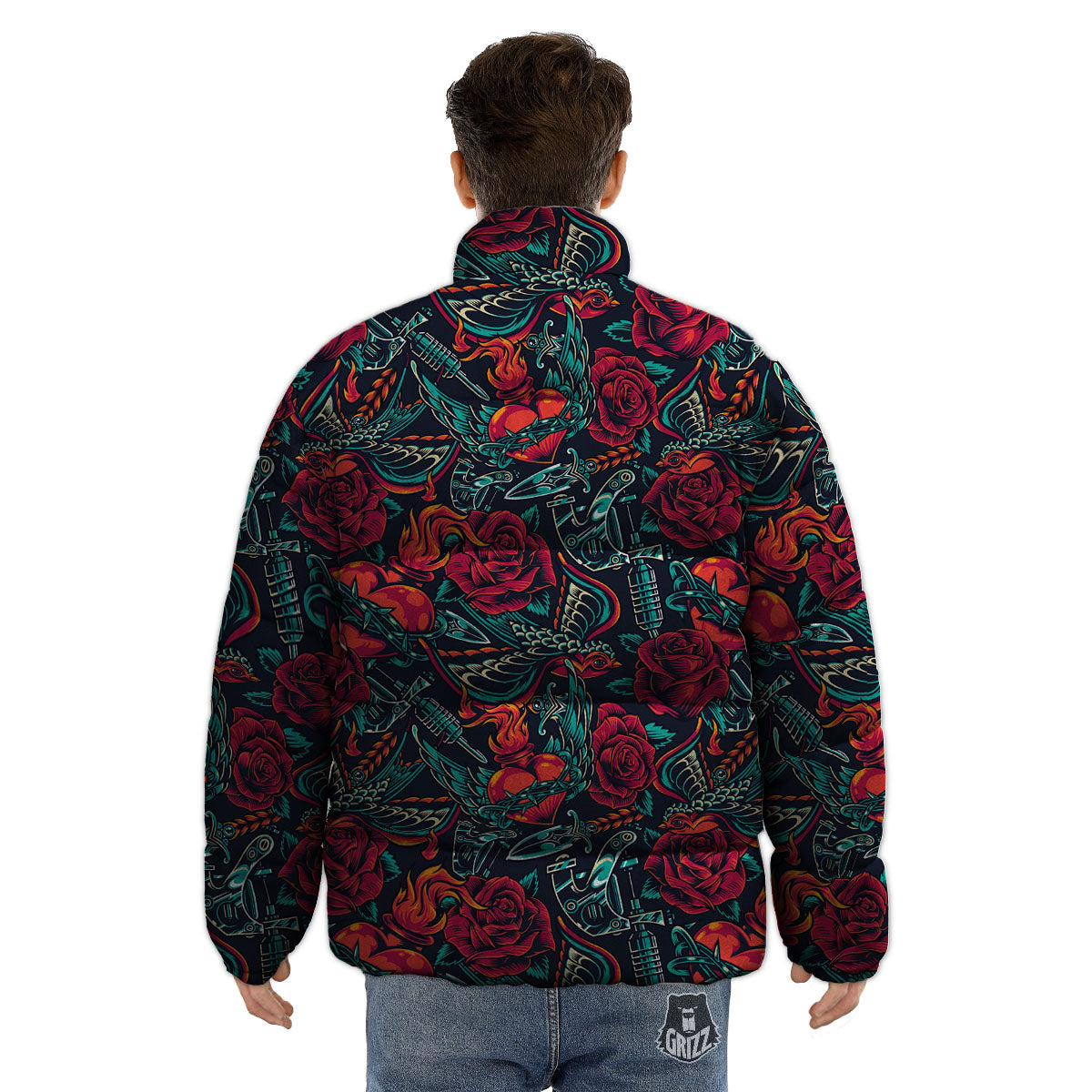 Heart And Rose Print Pattern Puffer Jacket-grizzshop