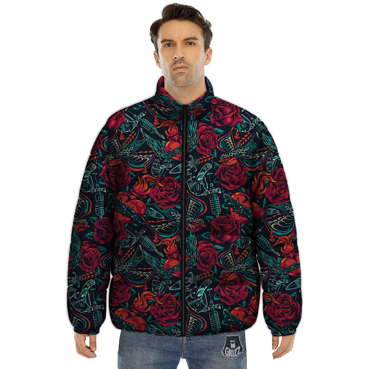 Heart And Rose Print Pattern Puffer Jacket-grizzshop