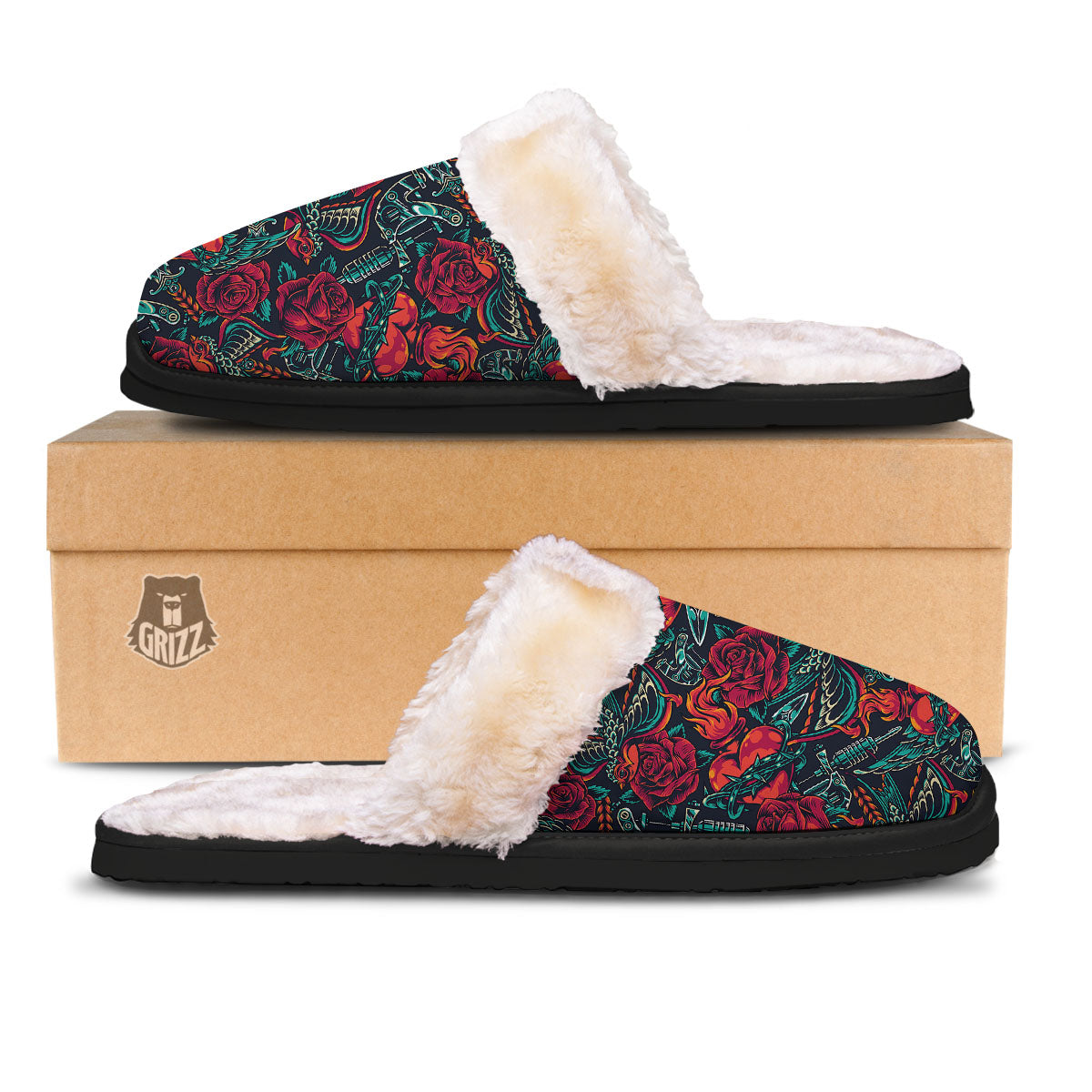Heart And Rose Print Pattern Slippers-grizzshop