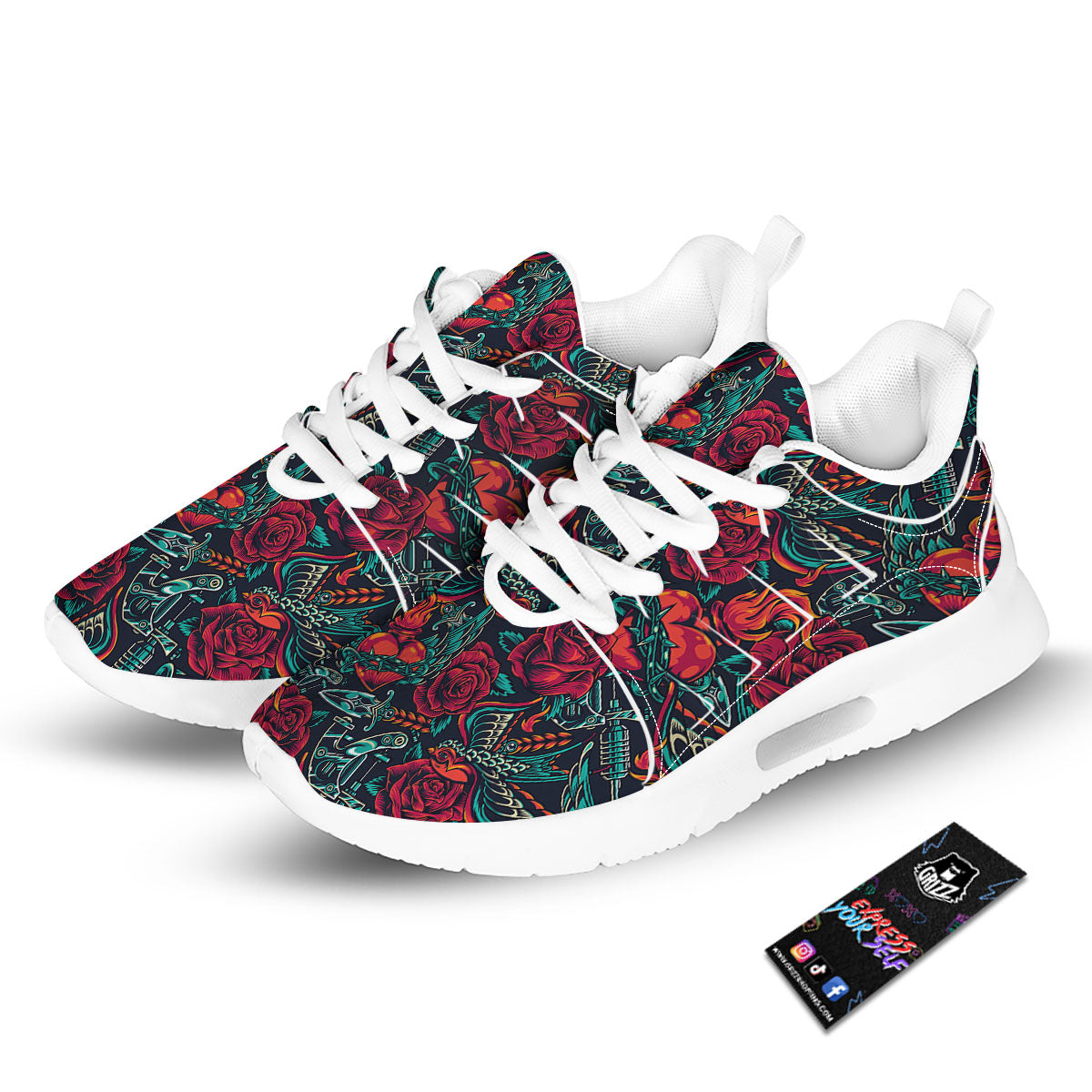 Heart And Rose Print Pattern Tennis Shoes-grizzshop