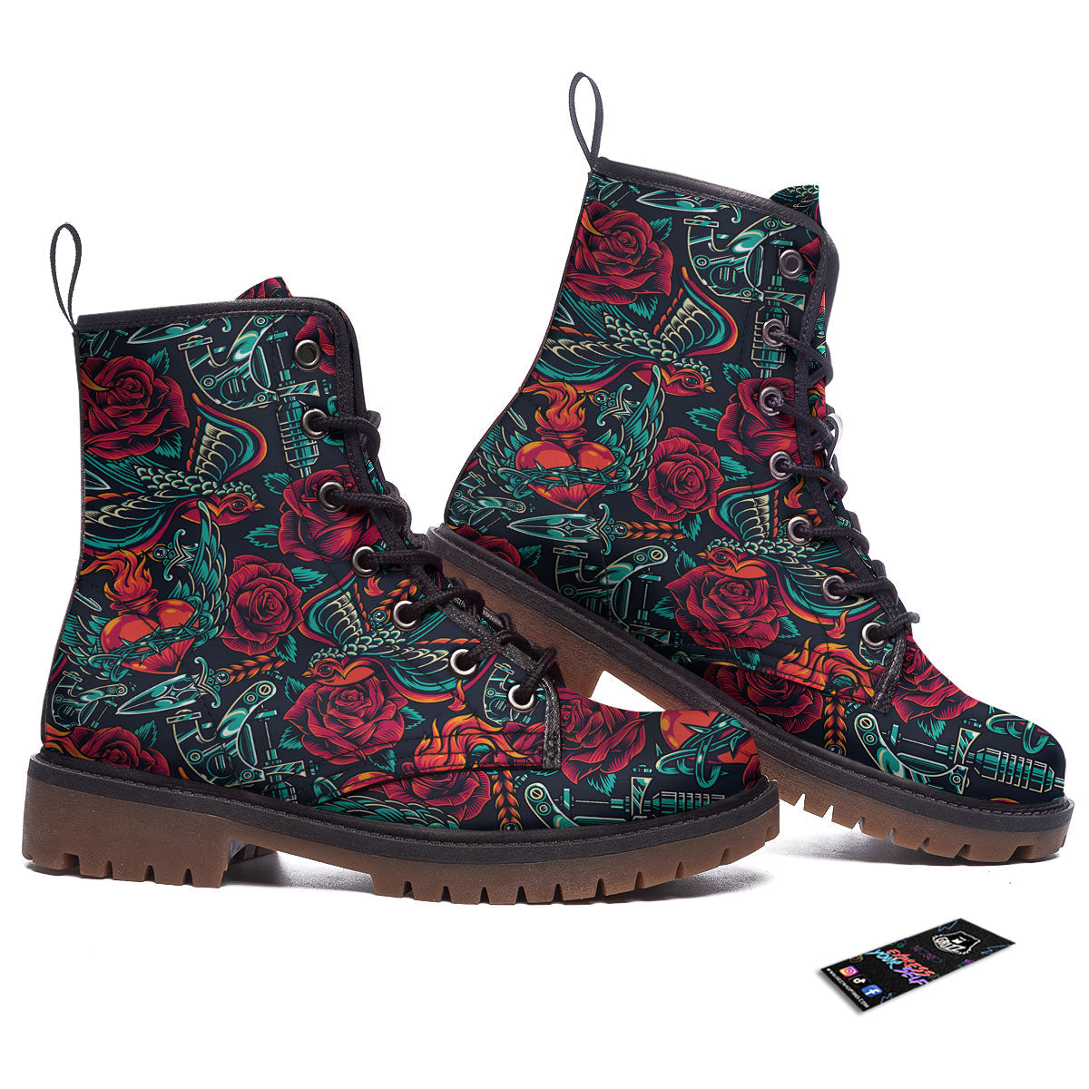 Heart And Rose Print Pattern Work Boots-grizzshop