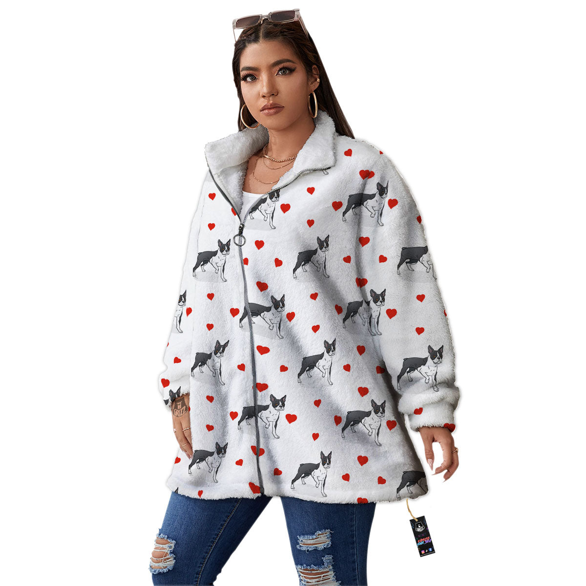 Heart Bull Terrier Print Pattern Women's Sherpa Jacket-grizzshop