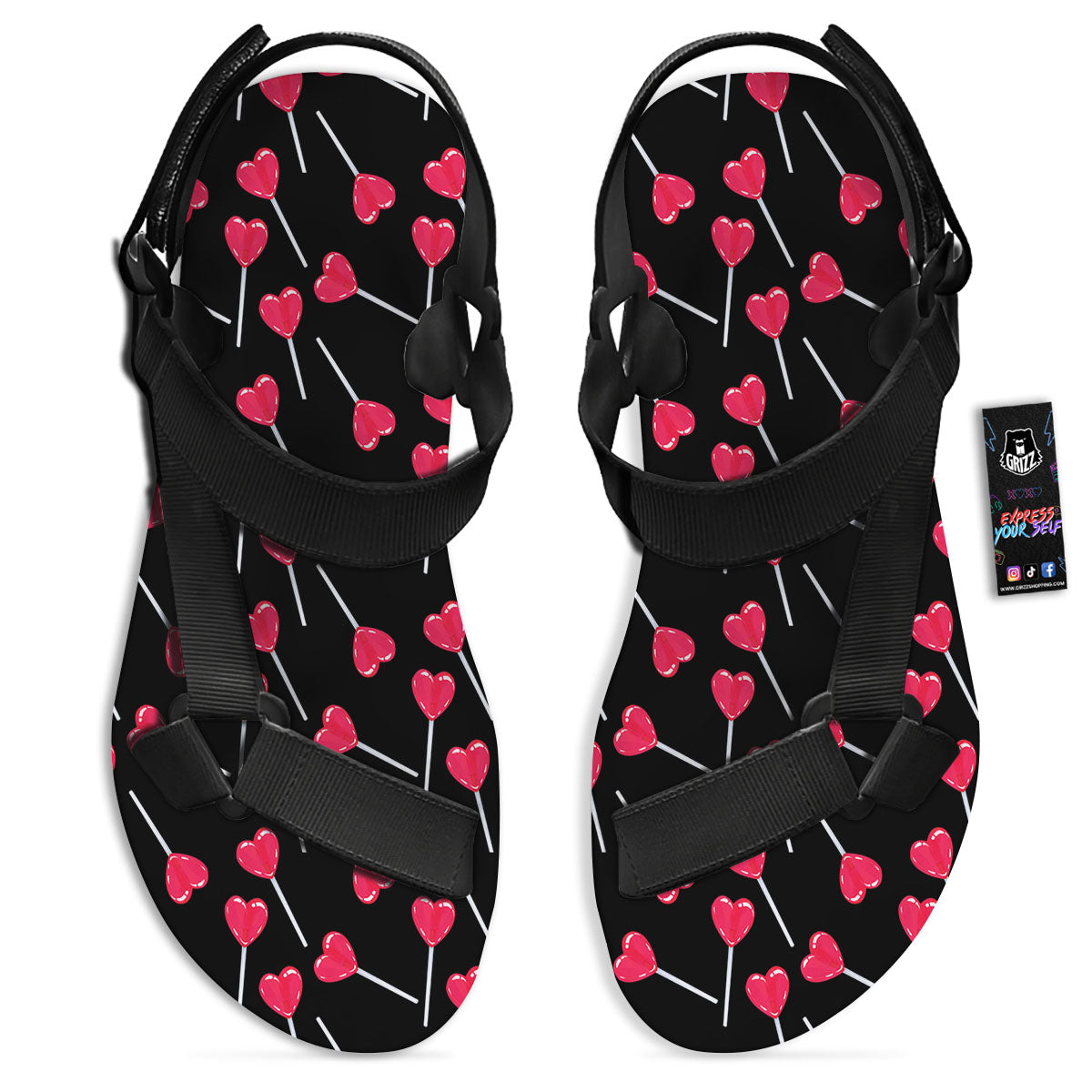 Heart Pink Lollipop Print Pattern Black Open Toe Sandals-grizzshop
