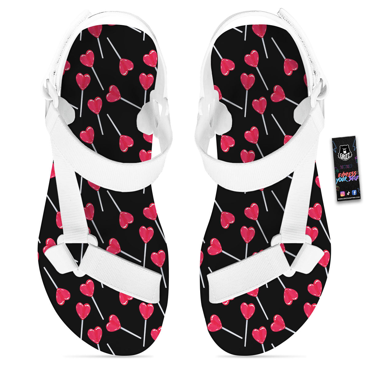 Heart Pink Lollipop Print Pattern White Open Toe Sandals-grizzshop