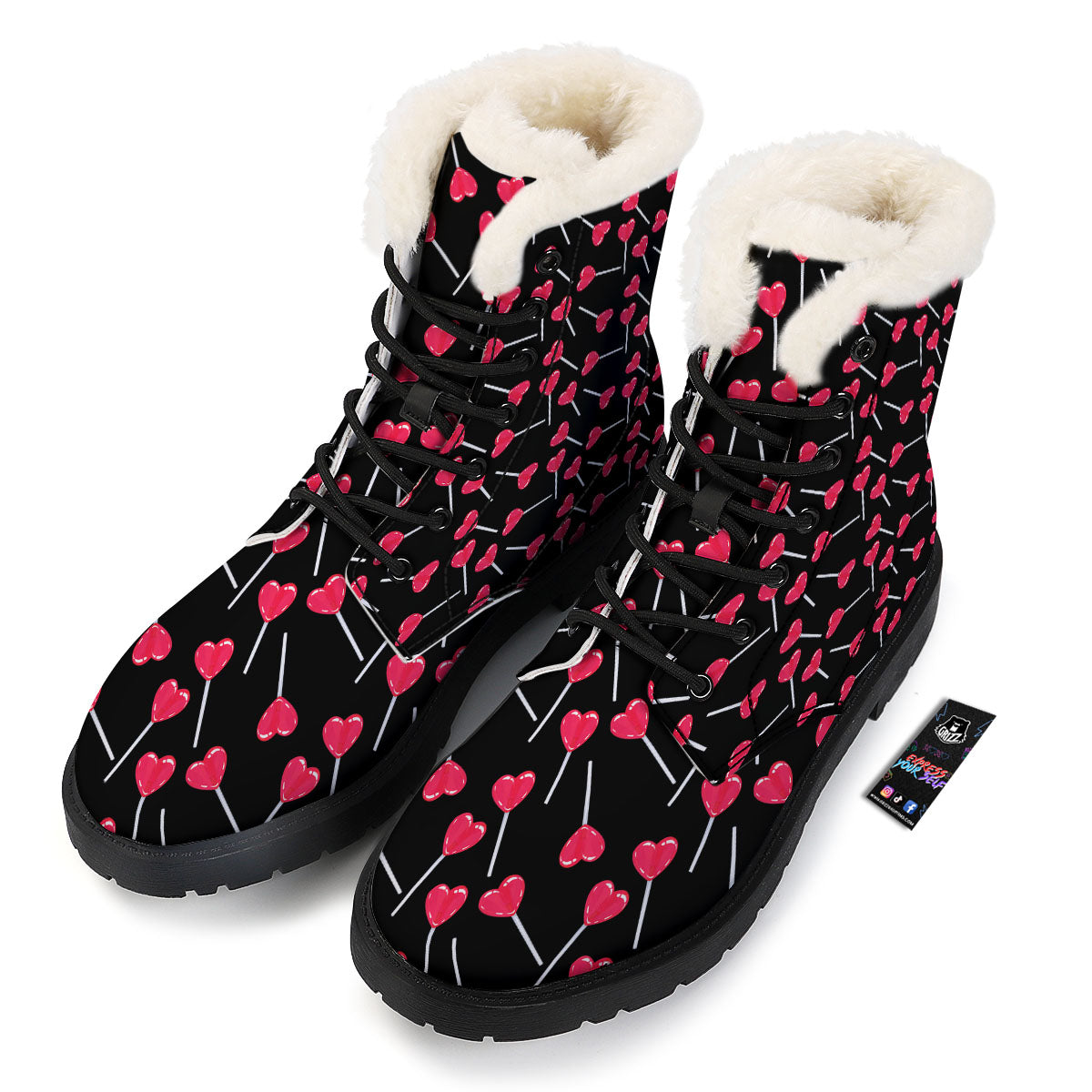 Heart Pink Lollipop Print Pattern Winter Boots-grizzshop