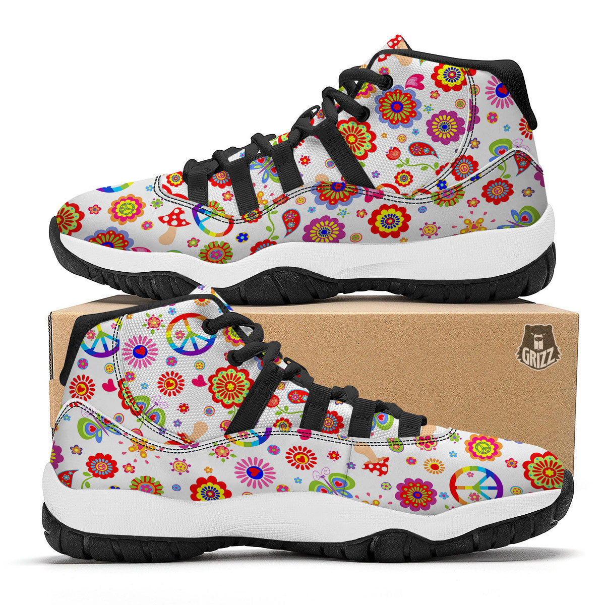 Heart Psychedelic Peace Sign Print Pattern Black Bball Shoes-grizzshop