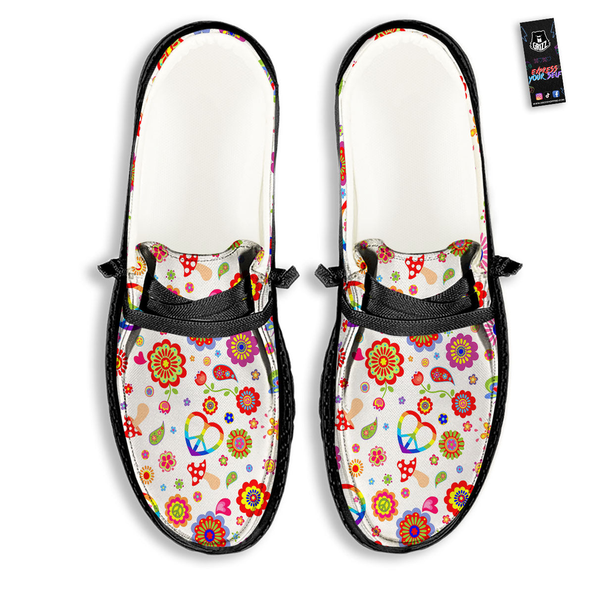 Heart Psychedelic Peace Sign Print Pattern Black Loafers-grizzshop