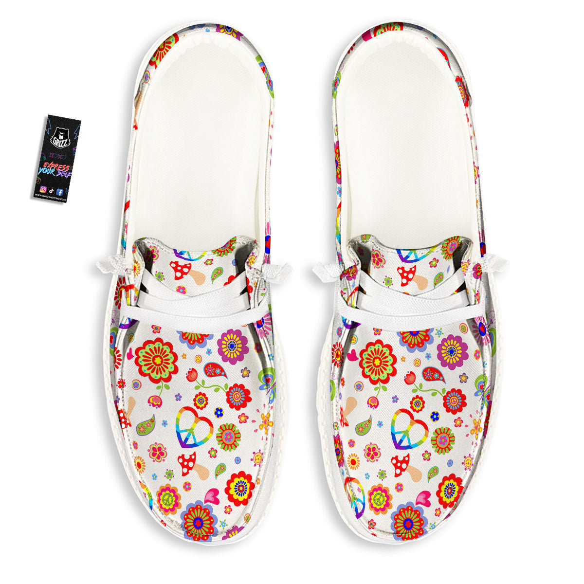 Heart Psychedelic Peace Sign Print Pattern Black Loafers-grizzshop