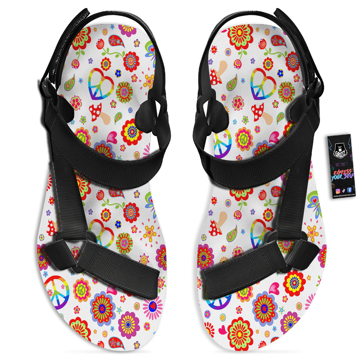 Heart Psychedelic Peace Sign Print Pattern Black Open Toe Sandals-grizzshop