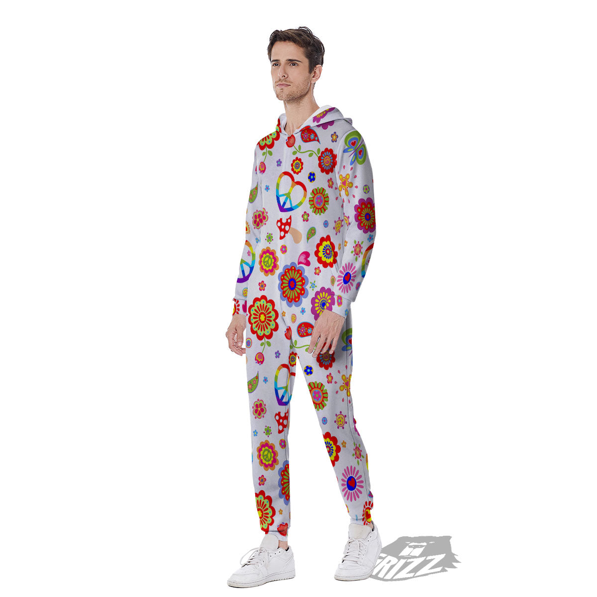 Heart Psychedelic Peace Sign Print Pattern Men's Jumpsuit-grizzshop