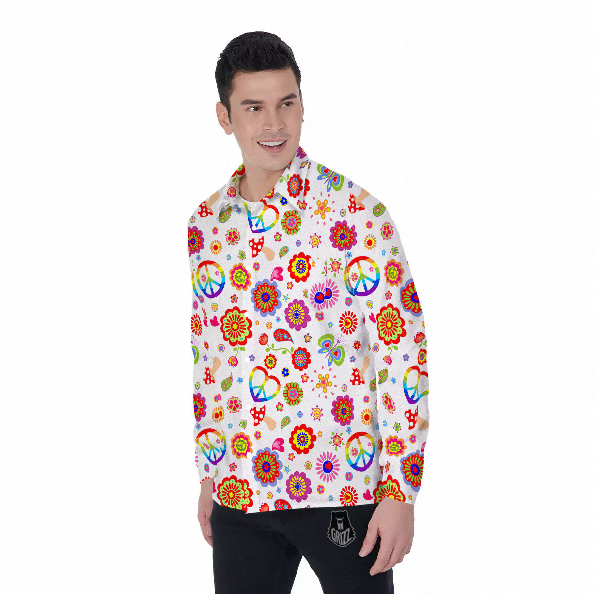 Heart Psychedelic Peace Sign Print Pattern Men's Long Sleeve Shirts-grizzshop