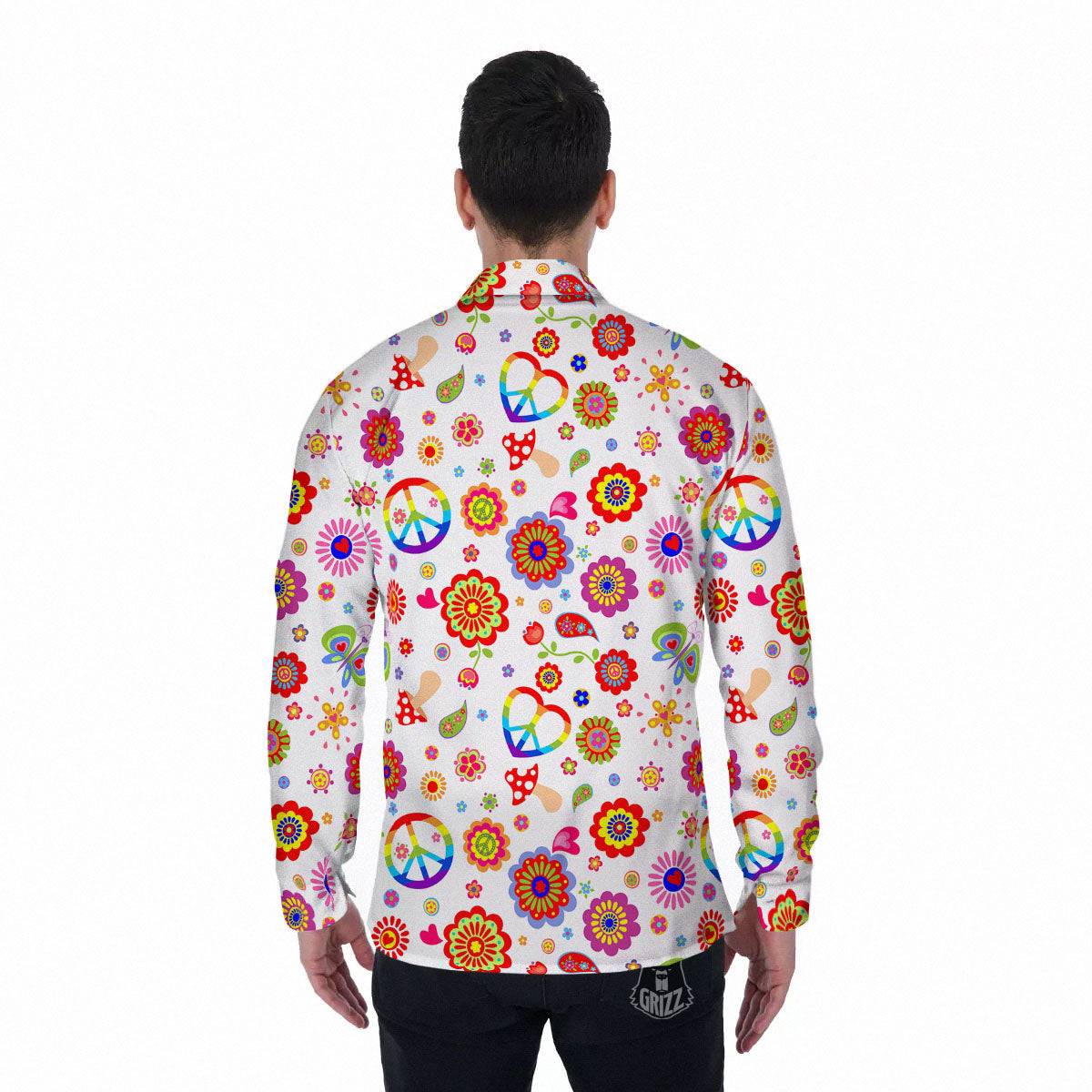Heart Psychedelic Peace Sign Print Pattern Men's Long Sleeve Shirts-grizzshop