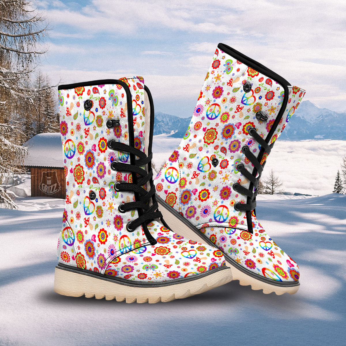 Heart Psychedelic Peace Sign Print Pattern Snow Boots-grizzshop
