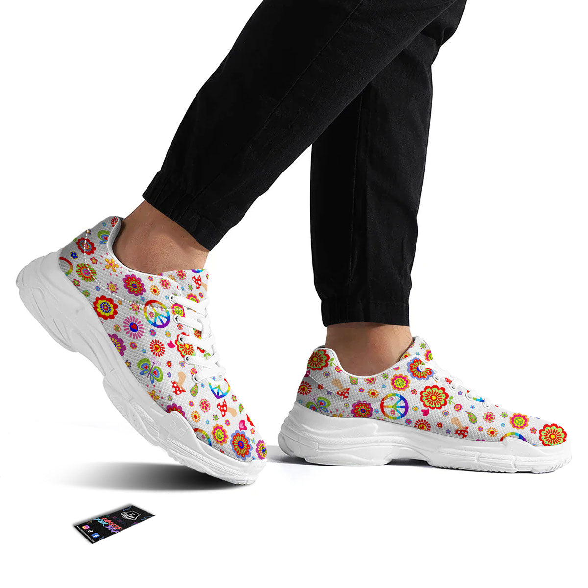 Heart Psychedelic Peace Sign Print Pattern White Chunky Shoes-grizzshop