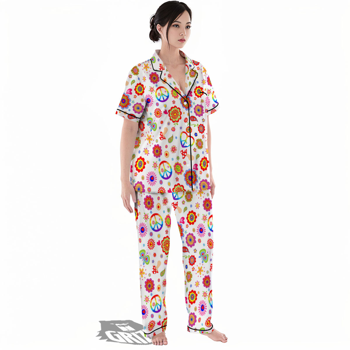 Heart Psychedelic Peace Sign Print Pattern Women's Pajamas Set-grizzshop