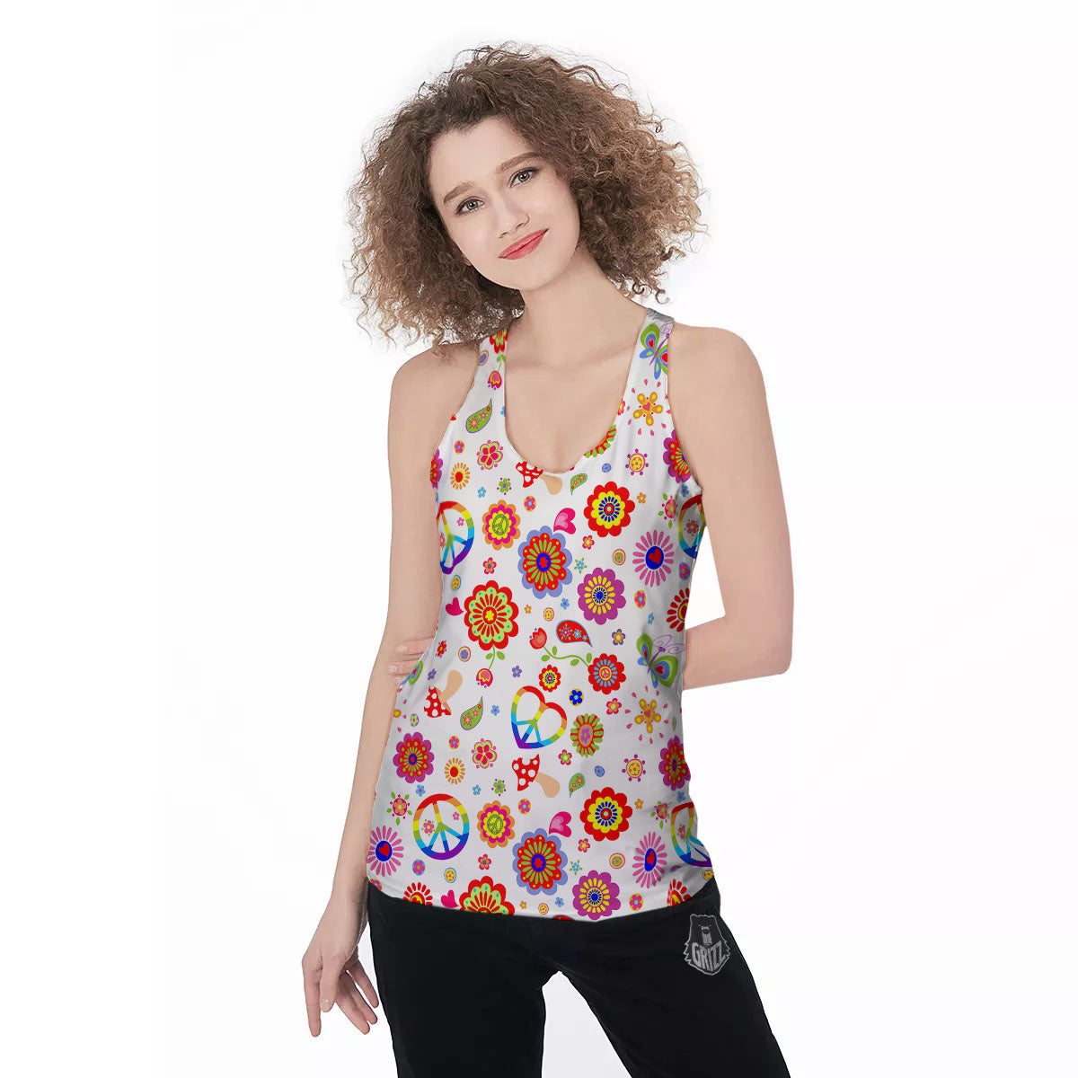 Heart Psychedelic Peace Sign Print Pattern Women's Racerback Tank Top-grizzshop