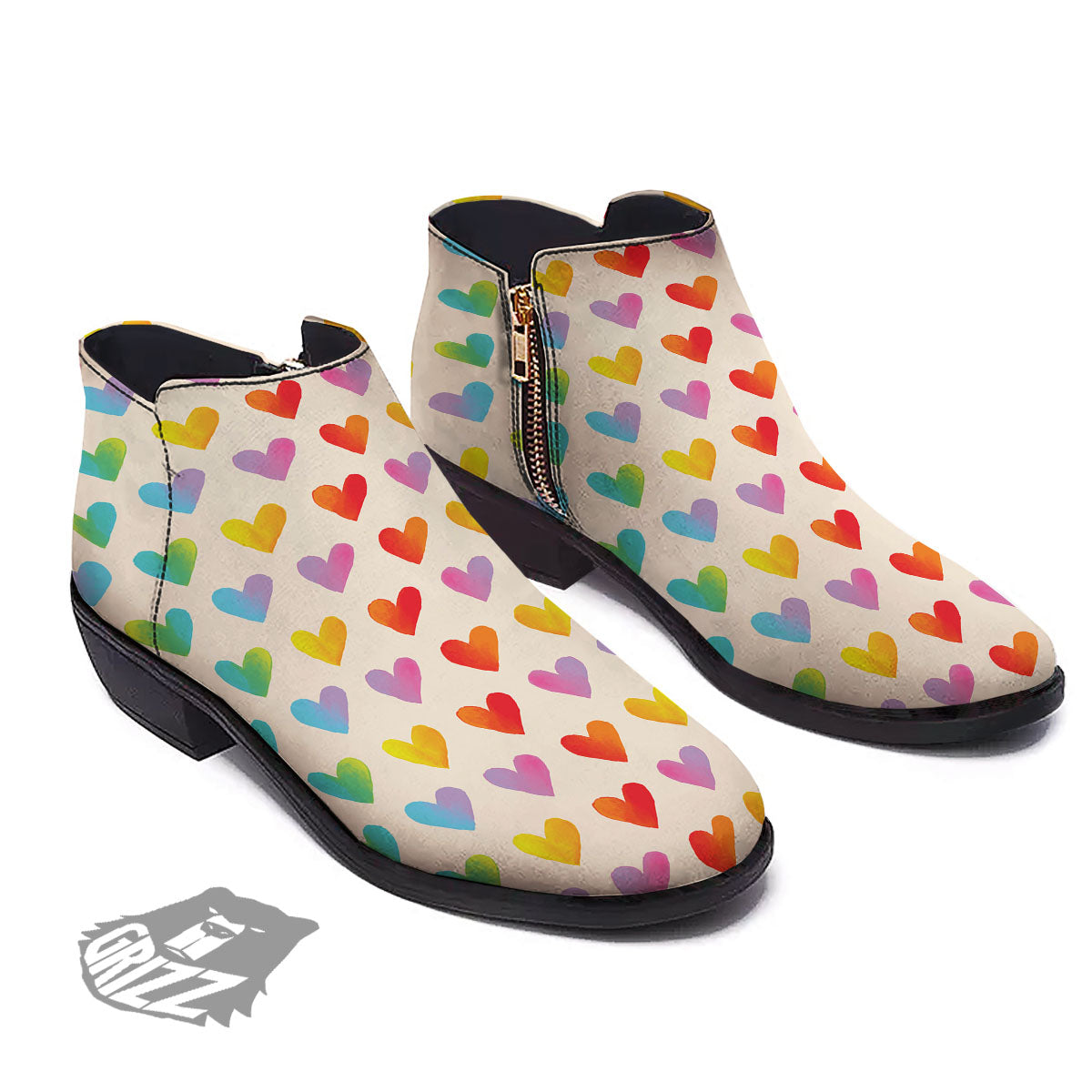 Heart Rainbow Print Pattern Ankle Boots-grizzshop
