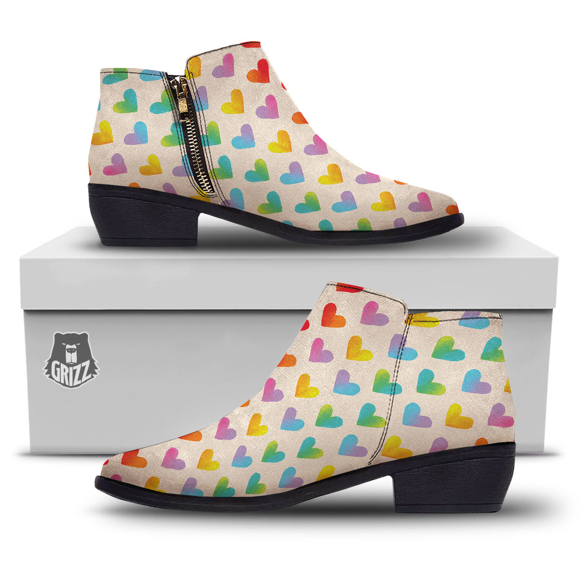 Heart Rainbow Print Pattern Ankle Boots-grizzshop
