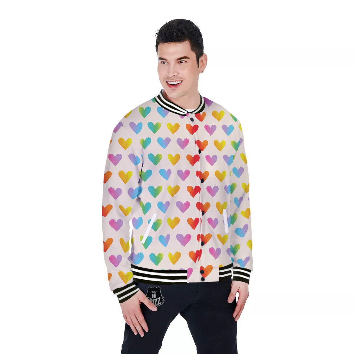 Heart Rainbow Print Pattern Baseball Jacket-grizzshop