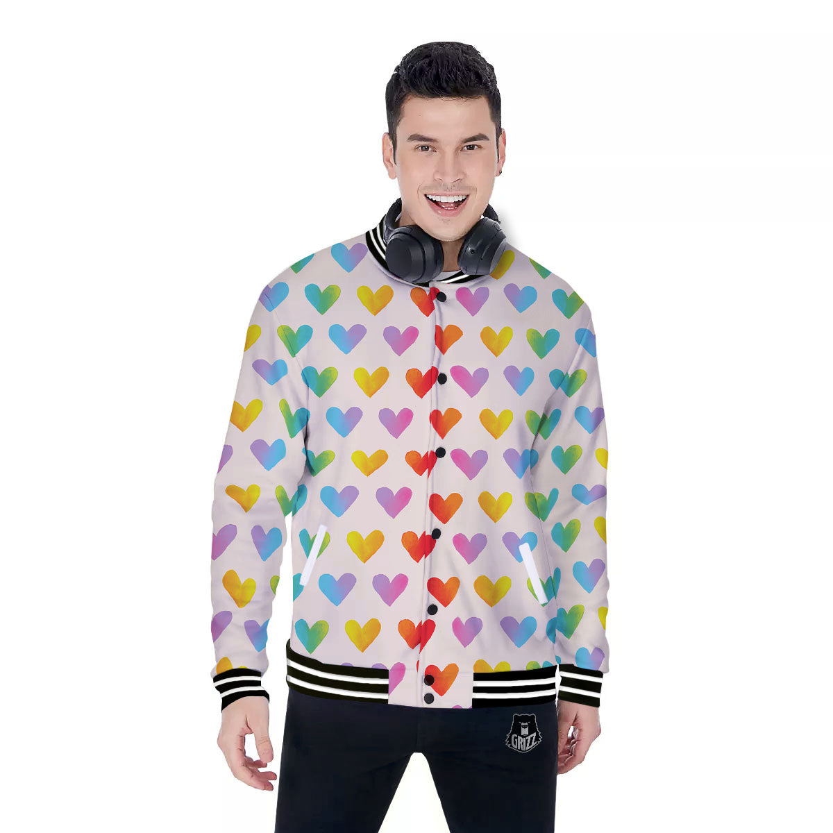 Heart Rainbow Print Pattern Baseball Jacket-grizzshop