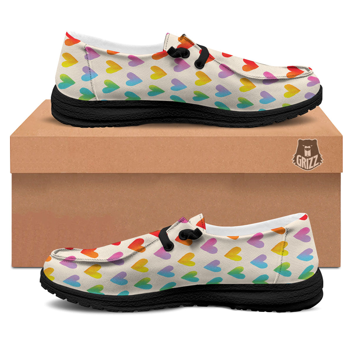 Heart Rainbow Print Pattern Black Loafers-grizzshop