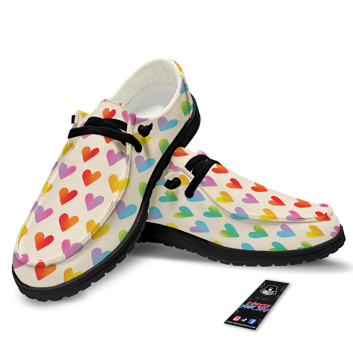 Heart Rainbow Print Pattern Black Loafers-grizzshop