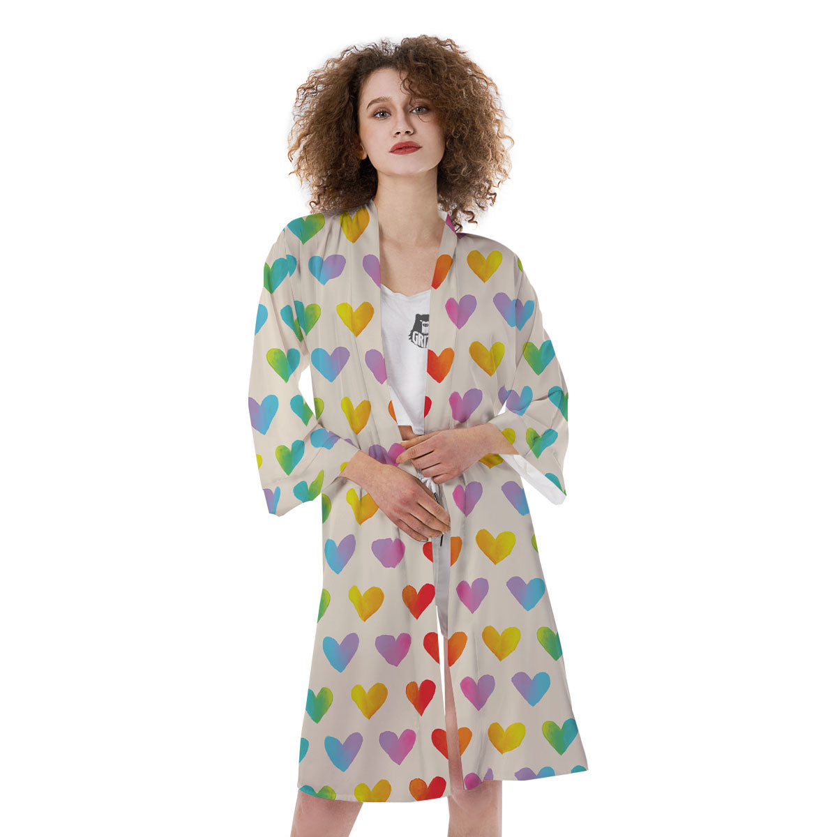 Heart Rainbow Print Pattern Kimono-grizzshop