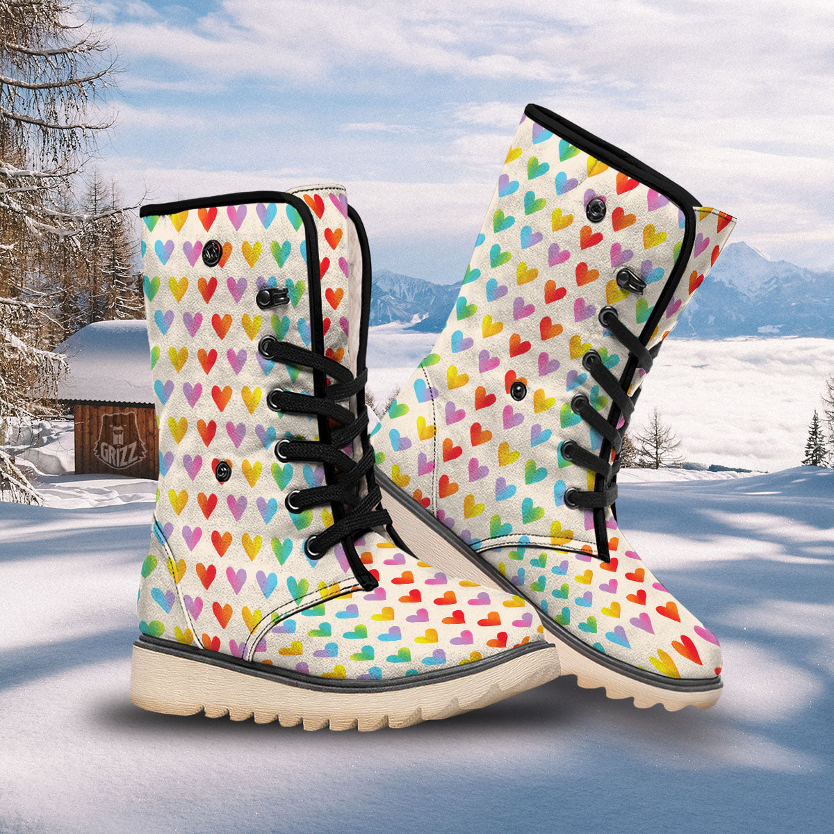 Heart Rainbow Print Pattern Snow Boots-grizzshop