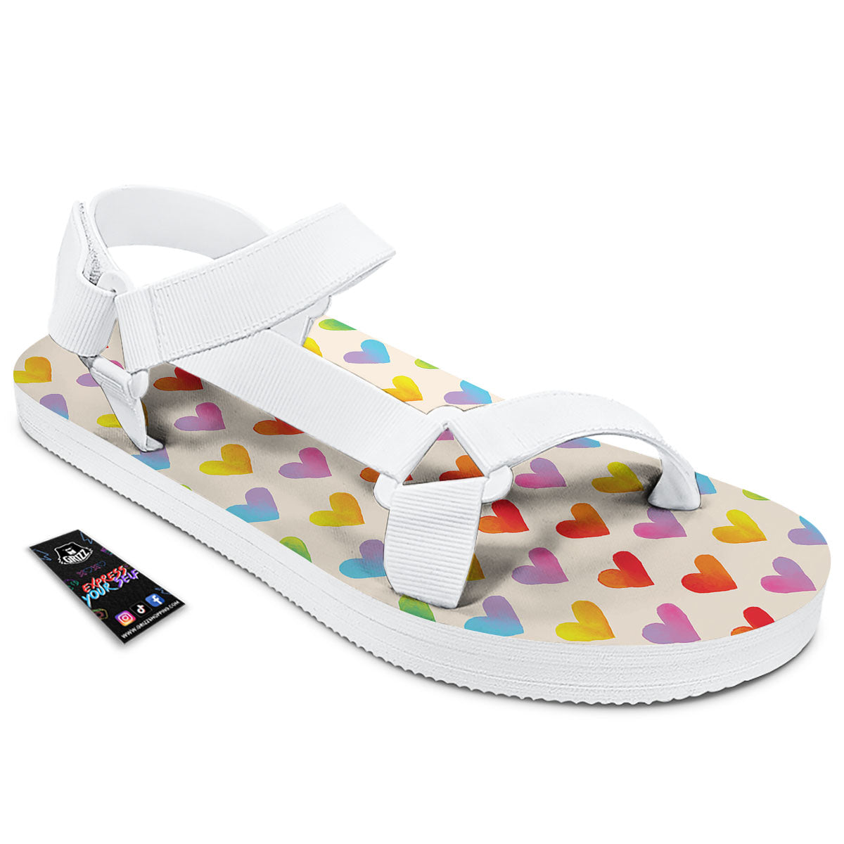 Heart Rainbow Print Pattern White Open Toe Sandals-grizzshop