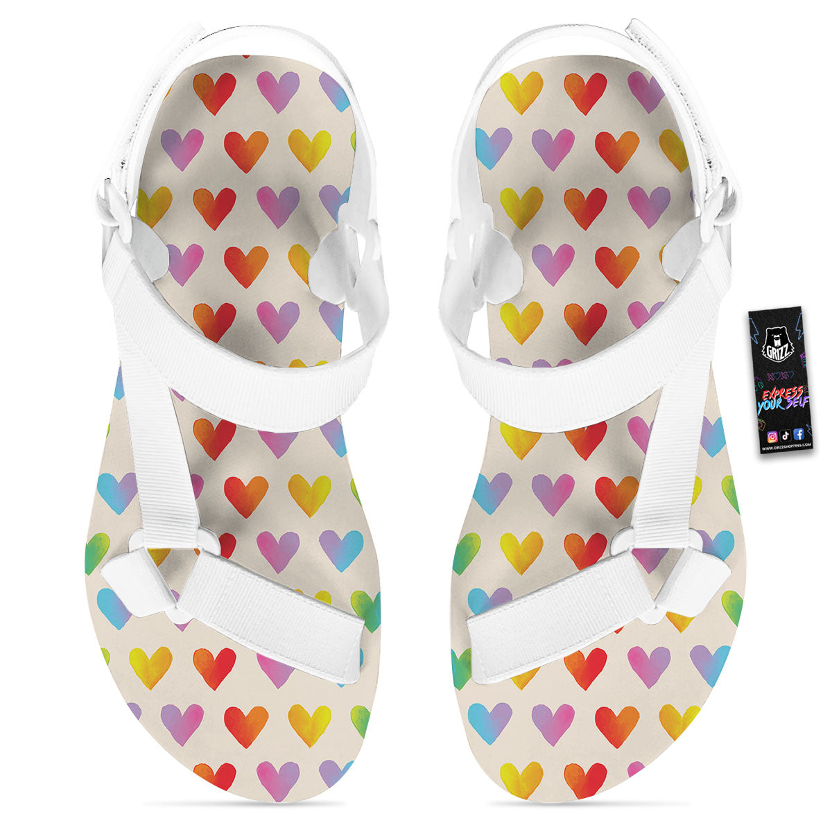 Heart Rainbow Print Pattern White Open Toe Sandals-grizzshop