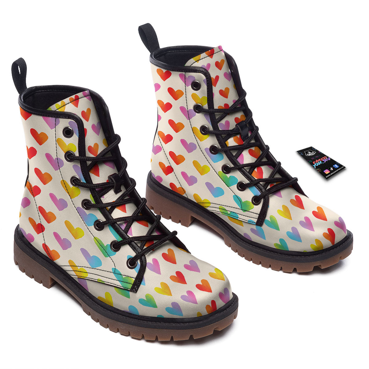 Heart Rainbow Print Pattern Work Boots-grizzshop