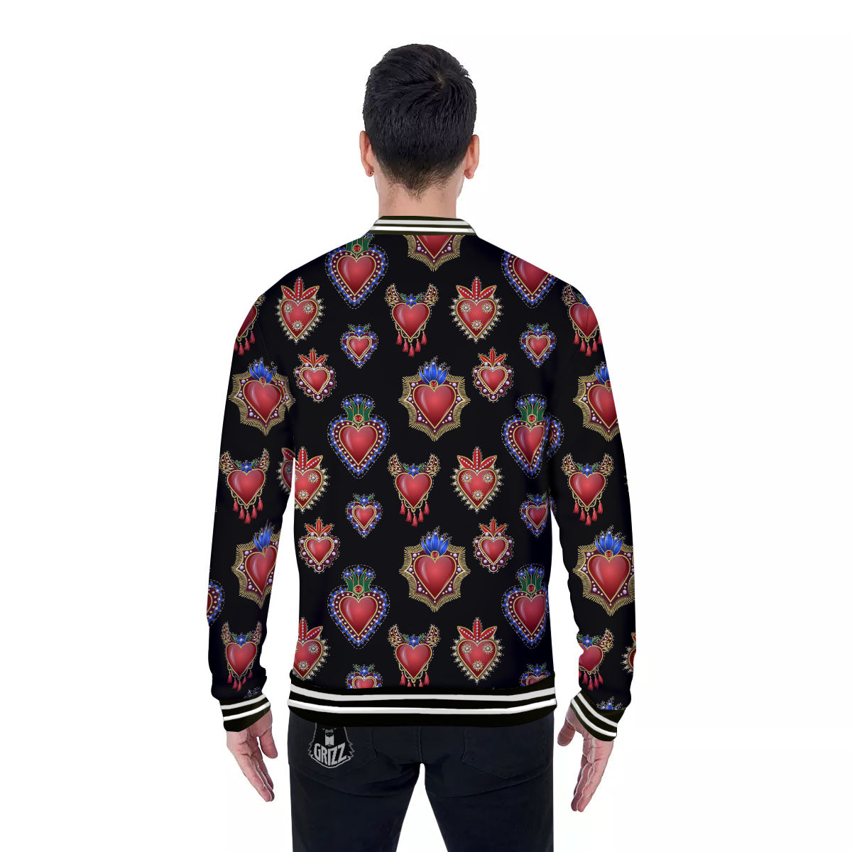 Heart Sacred Print Pattern Baseball Jacket-grizzshop