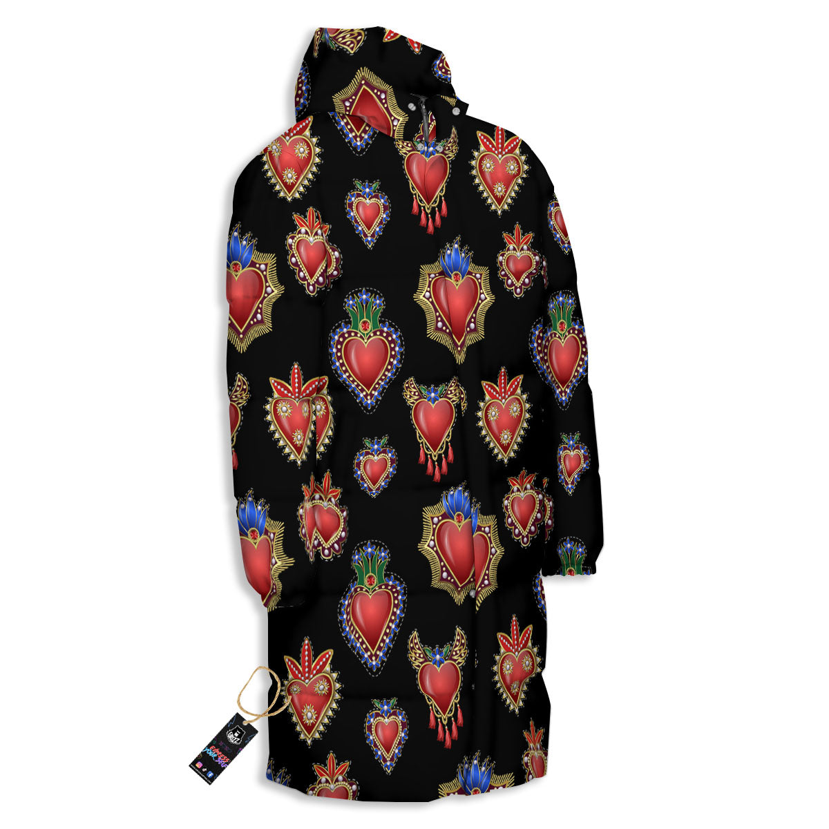Heart Sacred Print Pattern Long Down Jacket-grizzshop