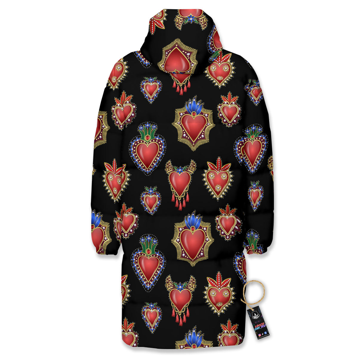 Heart Sacred Print Pattern Long Down Jacket-grizzshop