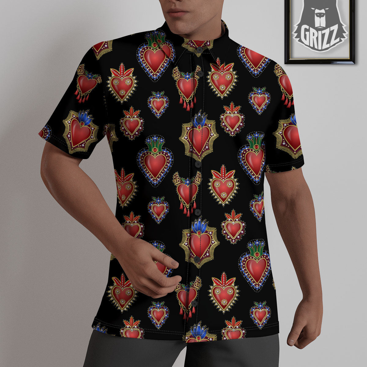 Heart Sacred Print Pattern Untucked Shirts-grizzshop
