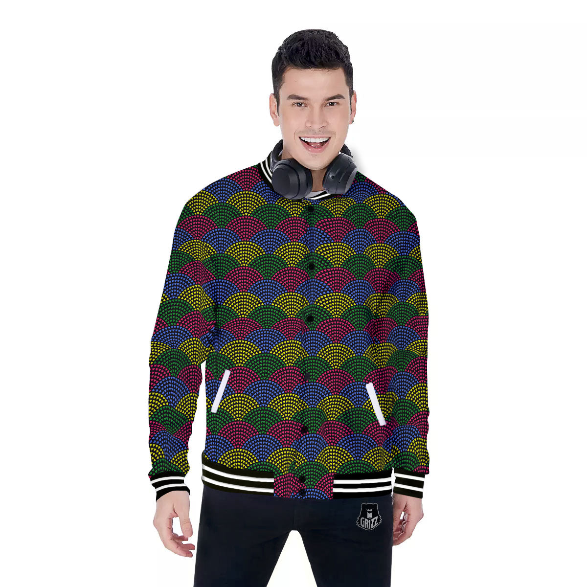 Heart Wave Colorful Print Pattern Baseball Jacket-grizzshop