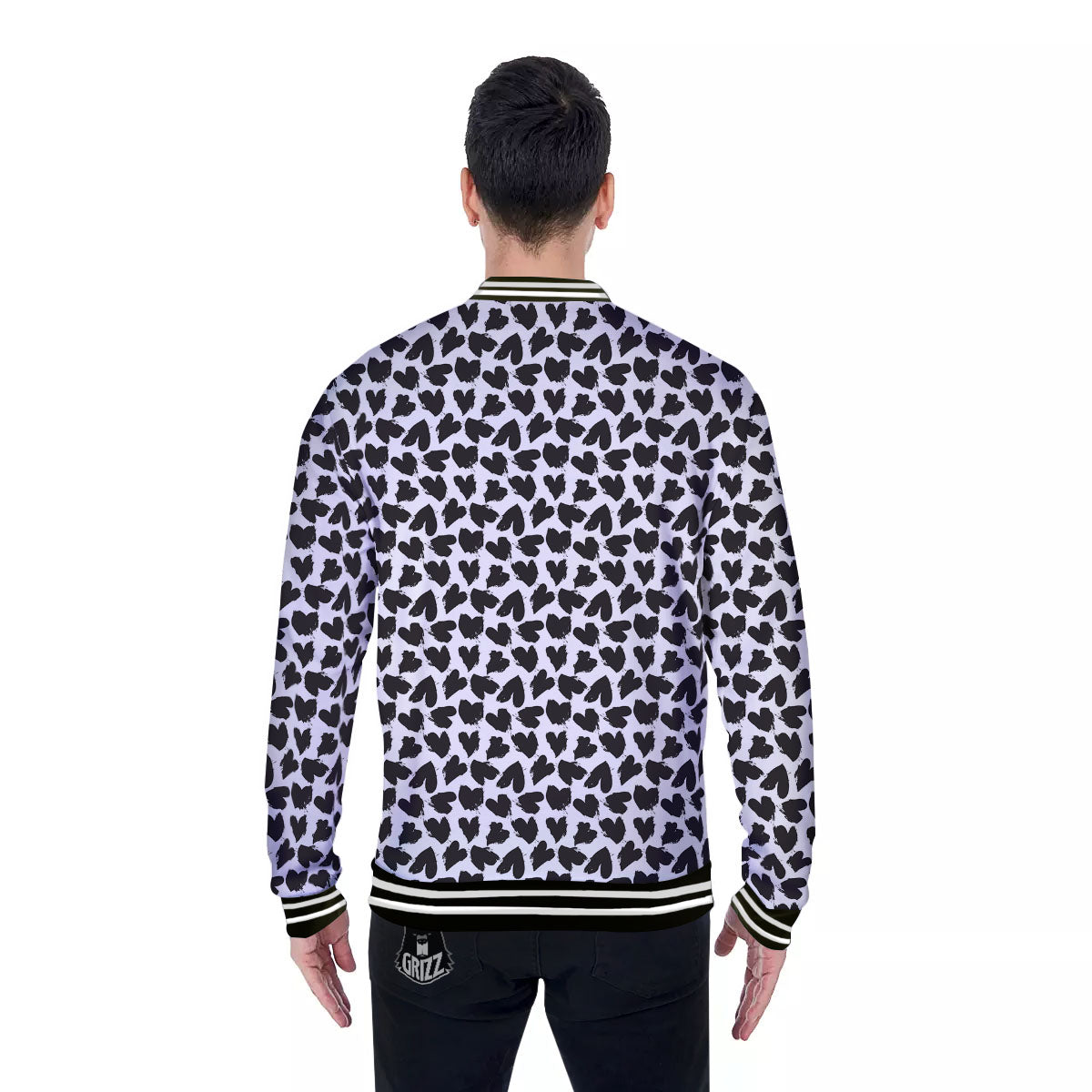Heart White And Black Print Pattern Baseball Jacket-grizzshop