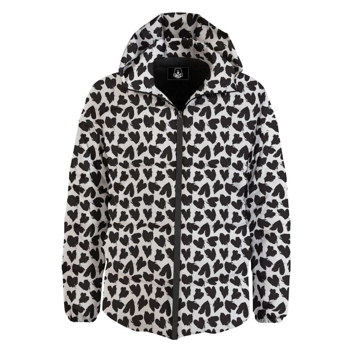 Heart White And Black Print Pattern Down Jacket-grizzshop