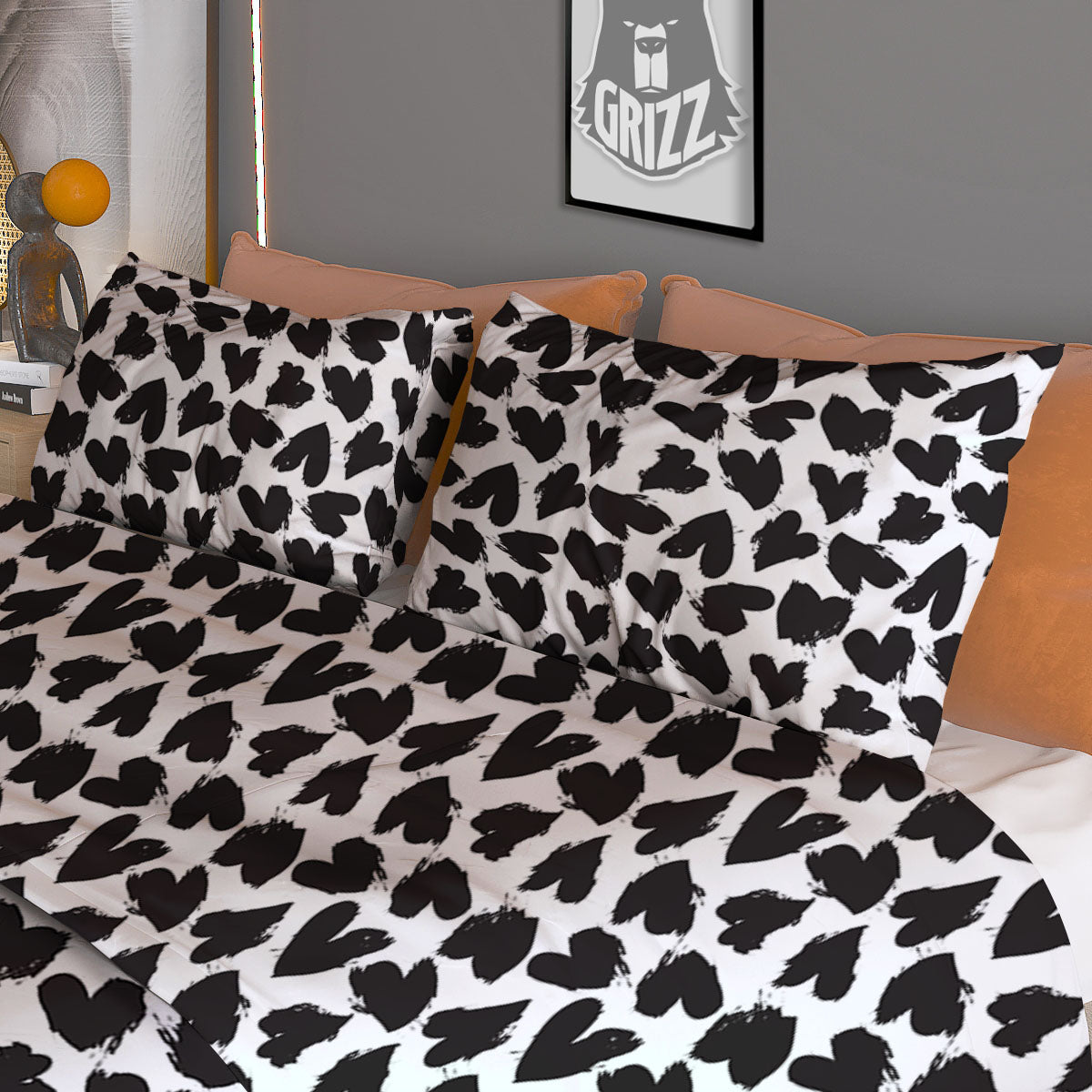 Heart White And Black Print Pattern Duvet Cover Bedding Set