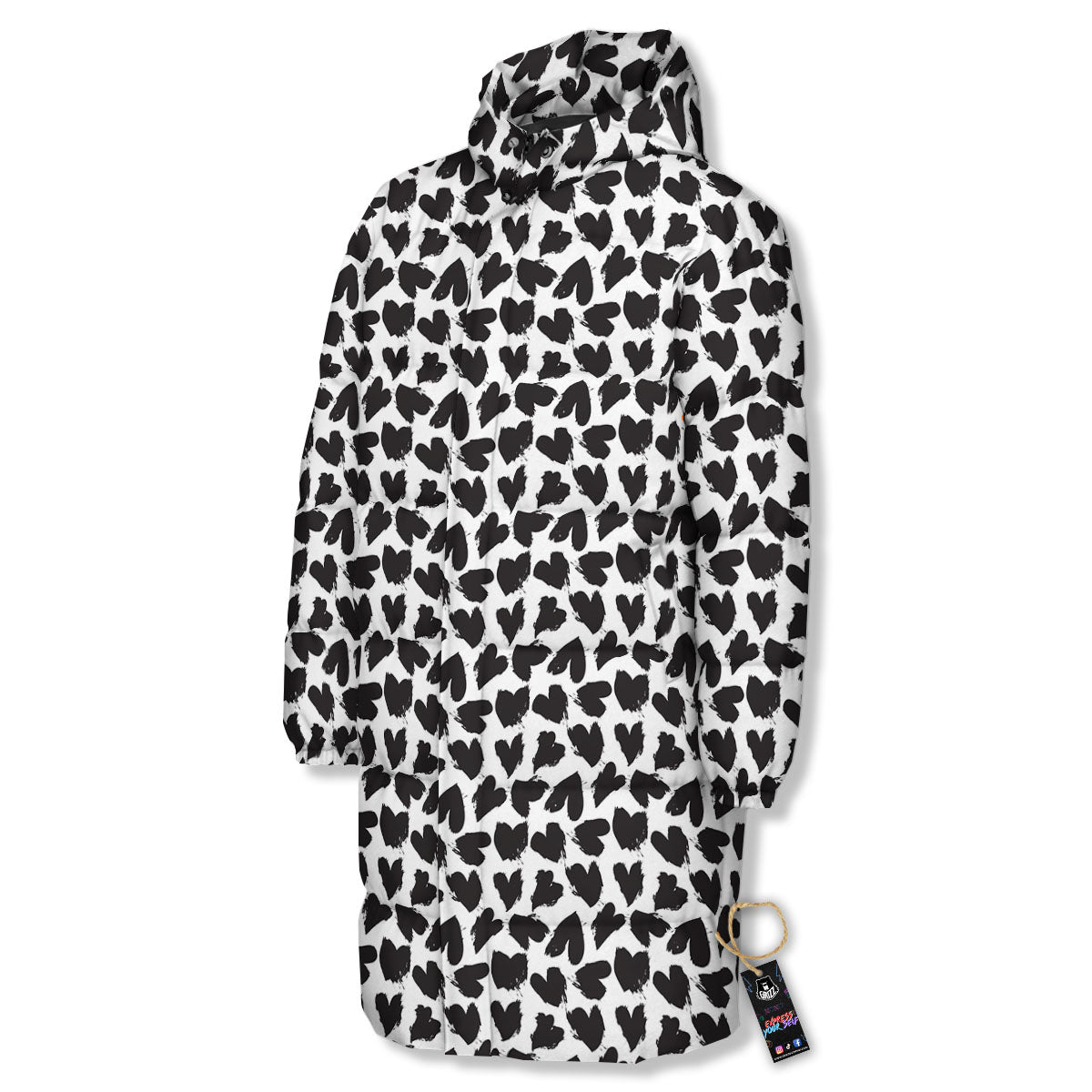 Heart White And Black Print Pattern Long Down Jacket-grizzshop