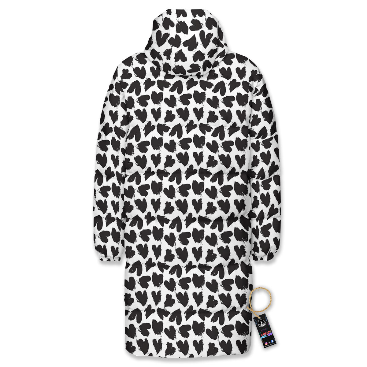 Heart White And Black Print Pattern Long Down Jacket-grizzshop