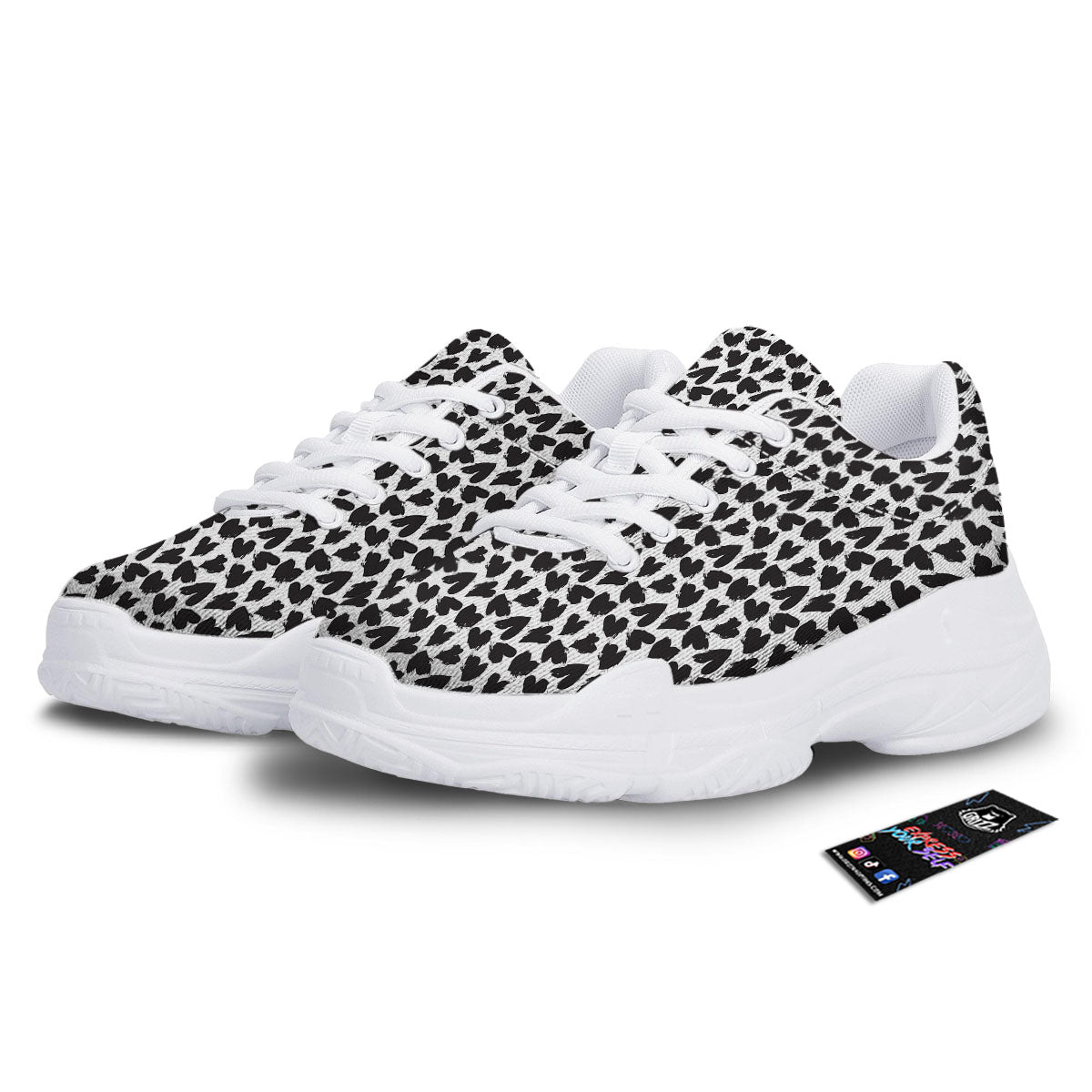 Heart White And Black Print Pattern White Chunky Shoes-grizzshop