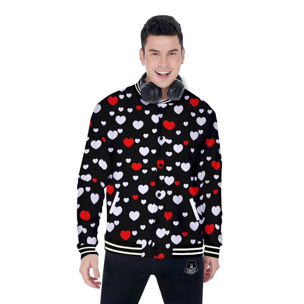 Heart White And Red Print Pattern Baseball Jacket-grizzshop