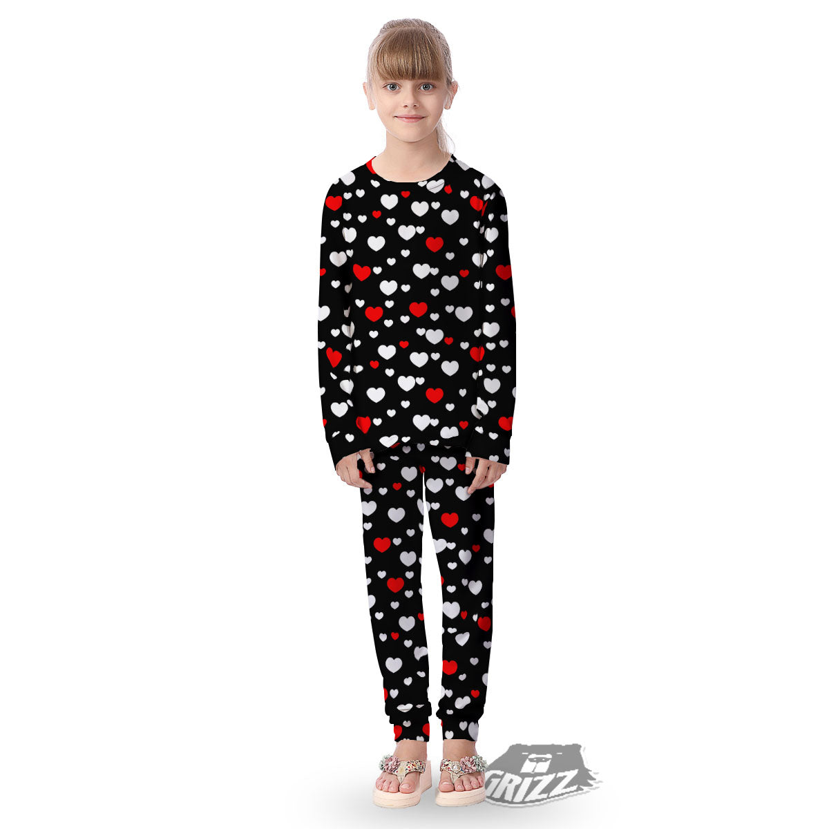 Heart White And Red Print Pattern Kid's Pajamas-grizzshop