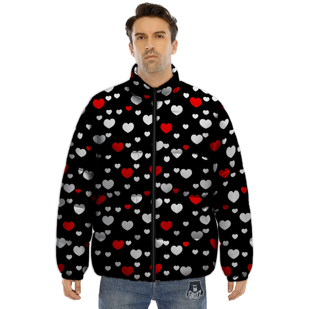Heart White And Red Print Pattern Puffer Jacket-grizzshop