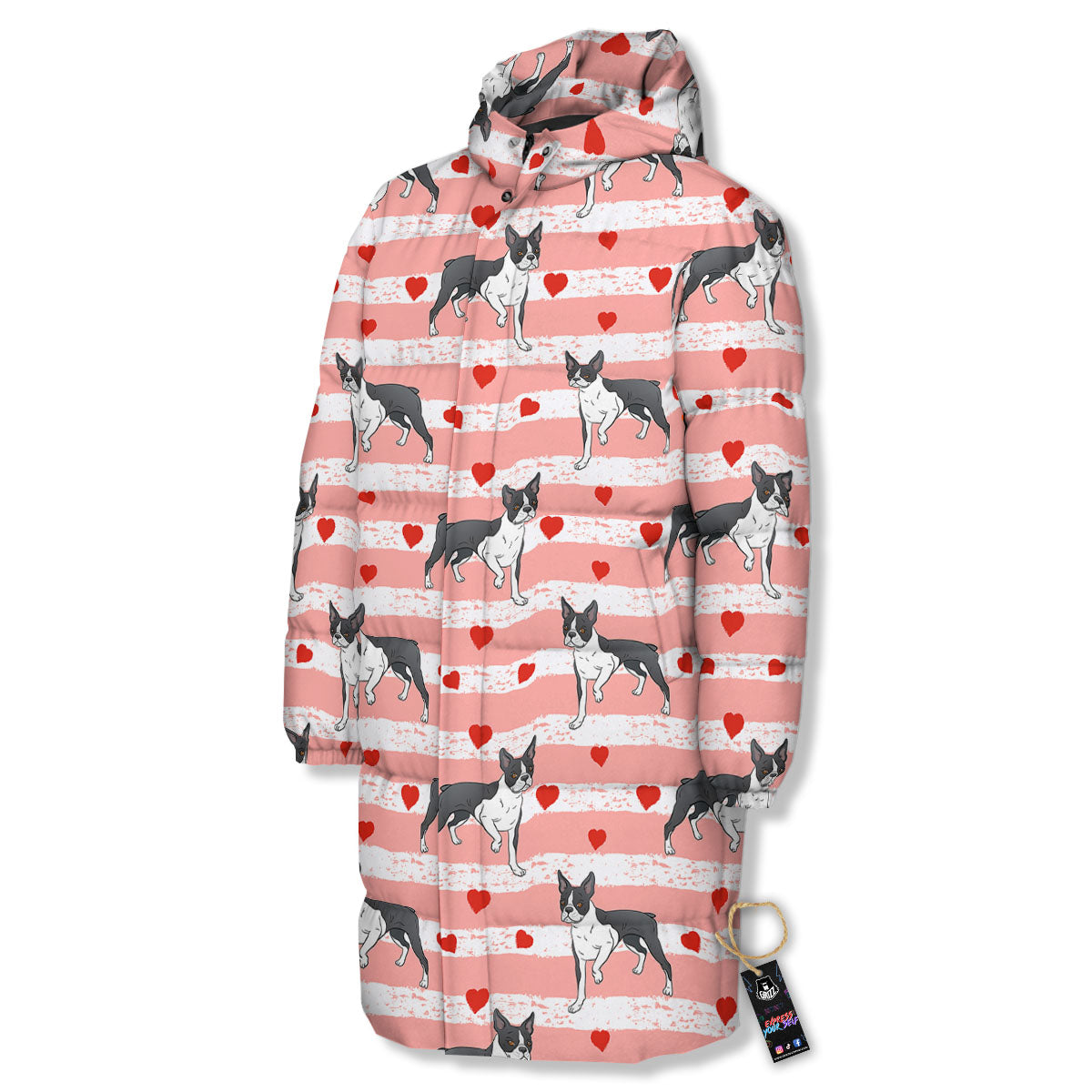 Heart And Boston Terrier Print Pattern Long Down Jacket