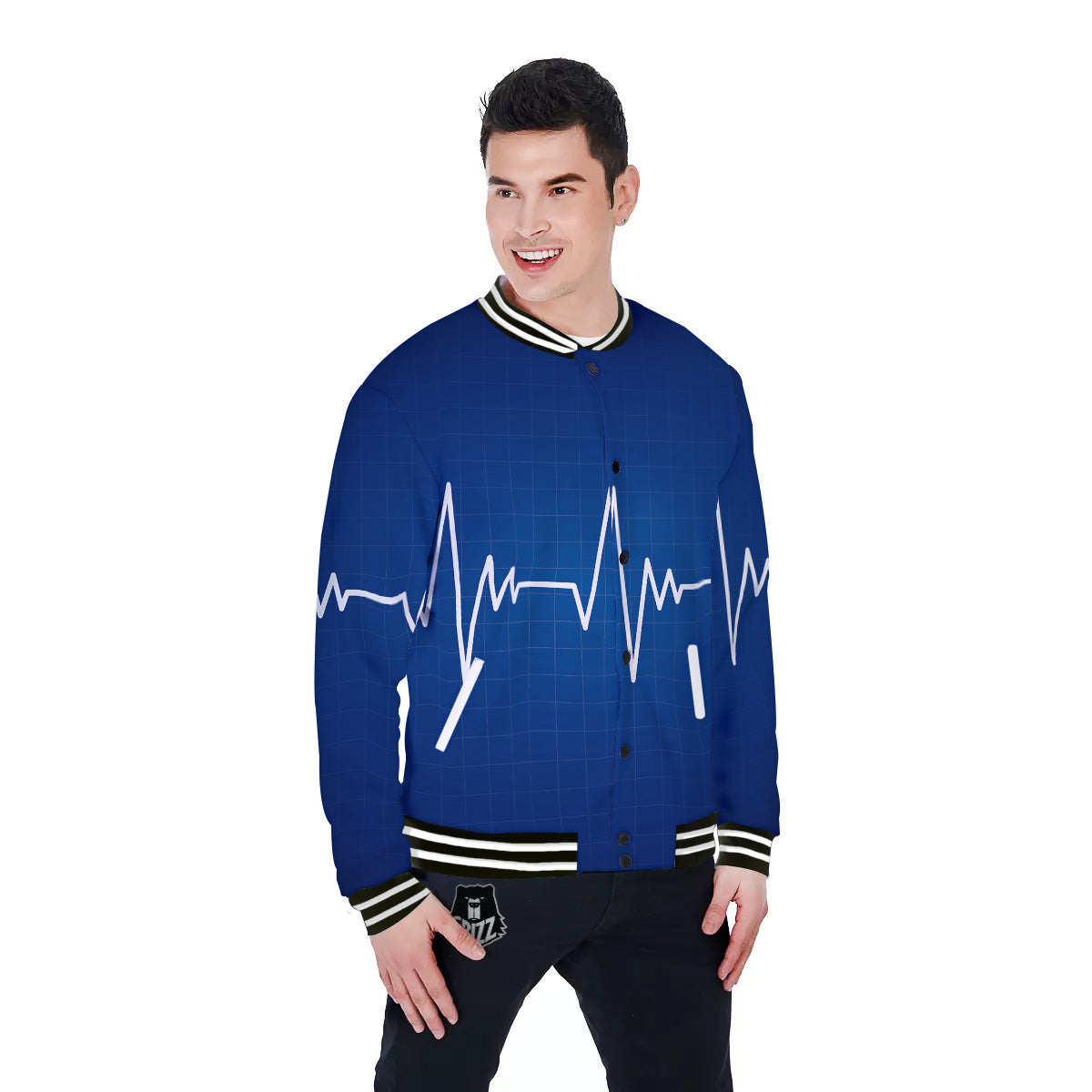 Heartbeat Blue Print Baseball Jacket-grizzshop