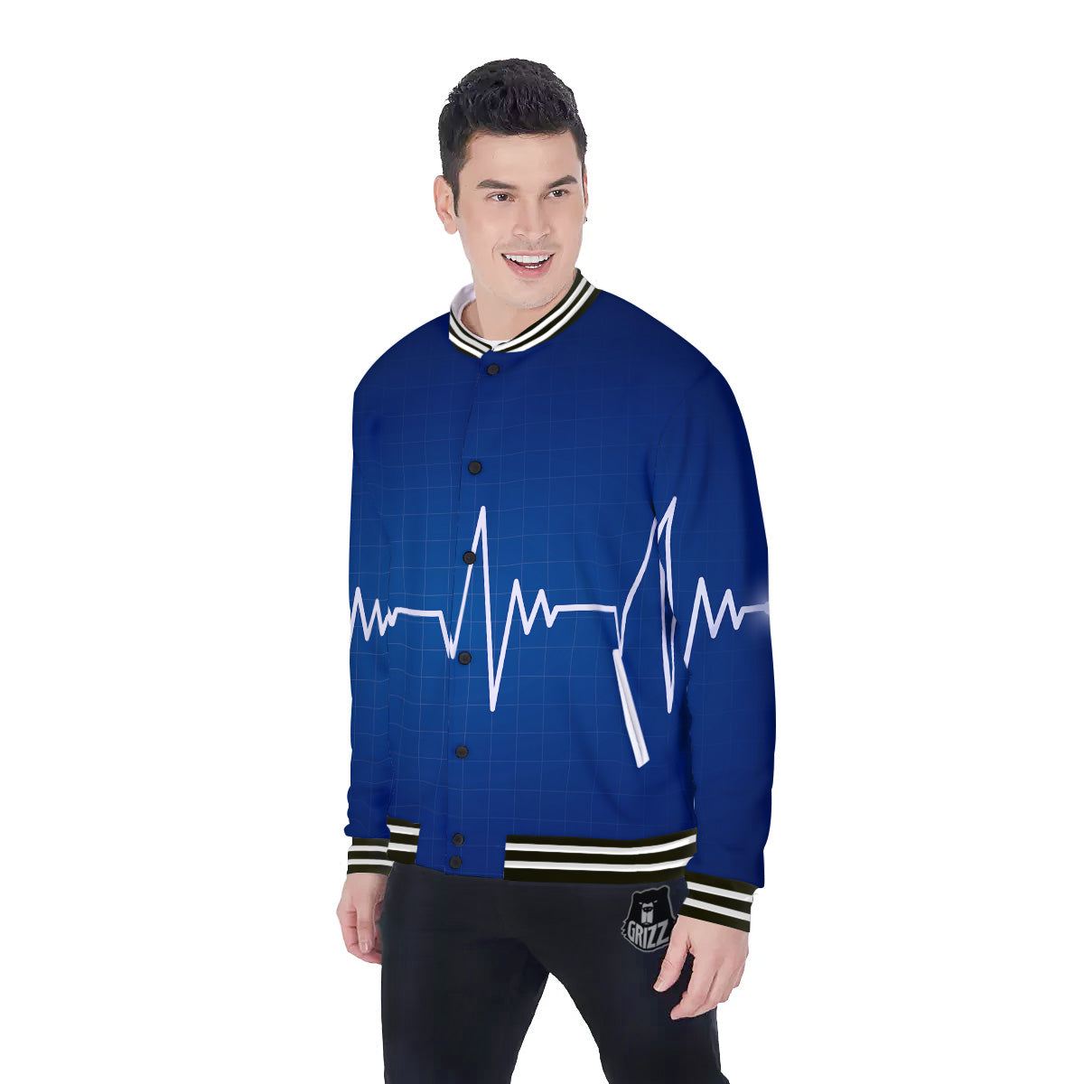 Heartbeat Blue Print Baseball Jacket-grizzshop